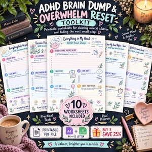 Op de afbeelding: Een set printbare ADHD Brain Dump & Overwhelm Reset werkbladen met pastelkleurige koppen, checklists en bloemillustraties. De pagina's bevatten secties voor taakbeheer, het opruimen van mentale rommel en ondersteuning bij burn-out in A4 en US Letter.