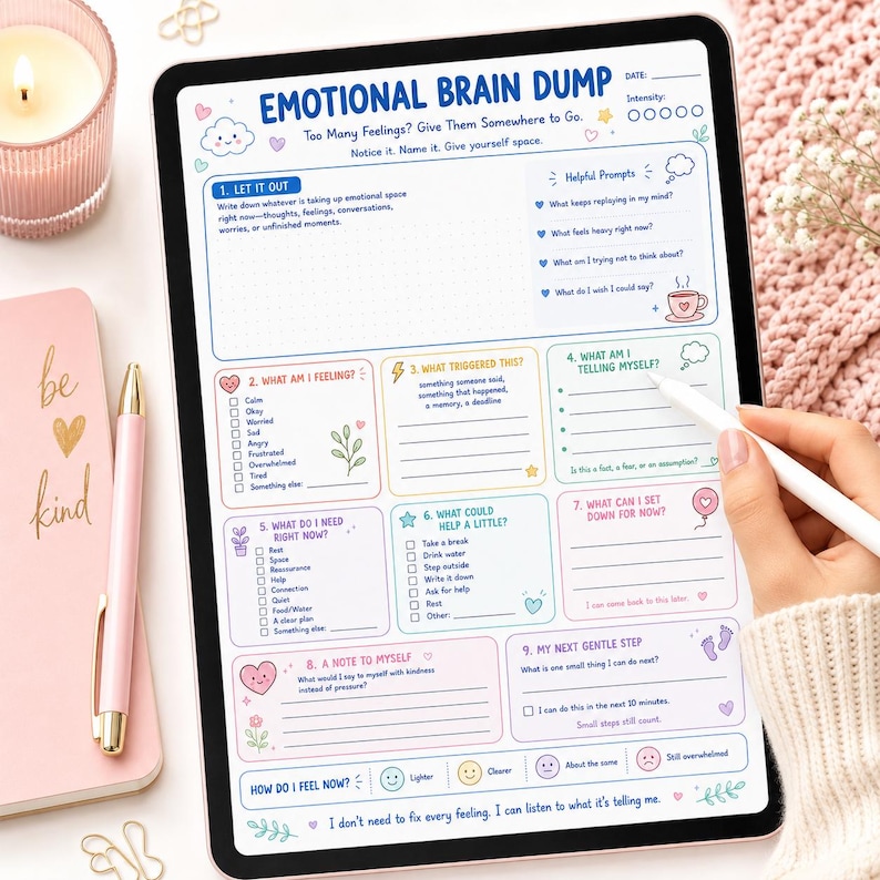 May include: A digital tablet displaying an Emotional Brain Dump worksheet with sections for feelings, triggers, and self-reflection. The page features blue, pink, and yellow text, checkboxes, and small illustrations like hearts, clouds, and flowers.
