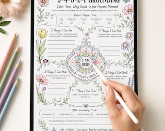 5-4-3-2-1 Grounding Worksheet, Floral Mindfulness Coloring Page (Digital Download)