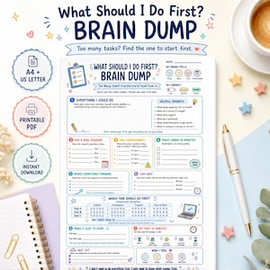 Peut inclure: Une feuille de travail imprimable pour la gestion des tâches intitulée What Should I Do First? Brain Dump. Le document comprend des sections pour lister les tâches, les échéances, les conséquences et les niveaux d'énergie, avec des icônes pour le format A4.