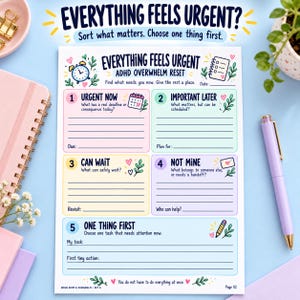 Può includere: Un foglio di pianificazione ADHD Overwhelm Reset bianco con sezioni colorate etichettate Urgent Now, Important Later, Can Wait, Not Mine e One Thing First. La pagina presenta illustrazioni di un orologio, calendario, lista e matita.