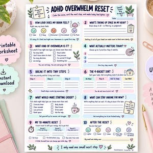 May include: A white ADHD Overwhelm Reset worksheet featuring ten numbered sections with prompts, checkboxes, and space for writing. The document includes pastel-colored accents, small illustrations of plants, coffee cups, and hearts, and text in English.