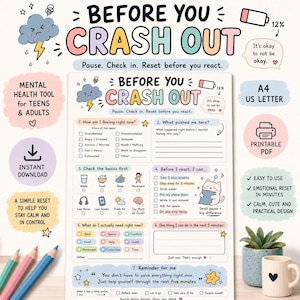 Op de afbeelding: Een werkblad voor mentale gezondheid getiteld Before You Crash Out, met pastelkleurige illustraties van een onweerswolk, een kat en een batterij-icoon. Het document bevat zeven secties met selectievakjes en prompts voor emotionele regulatie.