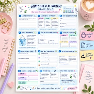 Puede incluir: Una hoja de trabajo de lluvia de ideas titulada What's The Real Problem? con once secciones numeradas, casillas de verificación, líneas para escribir e ilustraciones coloridas que incluyen un iceberg, un sol y varias hojas.