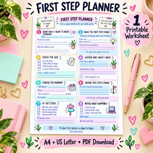 May include: A First Step Planner printable worksheet featuring eight numbered sections with prompts for task management, including lines for writing, checkboxes, and small icons like plants, lightbulbs, and calendars, with the text A4 + US Letter PDF Download.