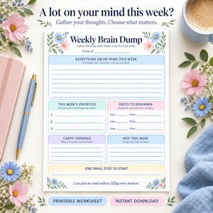 May include: A Weekly Brain Dump planner sheet featuring floral accents in pink and blue. The layout includes sections for priorities, dates, carry forward tasks, and notes. Text reads: A lot on your mind this week? Weekly Brain Dump.