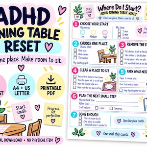 Puede incluir: Una lista de verificación imprimible para organizar la mesa de comedor con TDAH, que incluye una guía de siete pasos con casillas, ilustraciones de una mesa, un cubo de basura y una caja rosa, con el texto Where Do I Start? y Progress, not perfection.