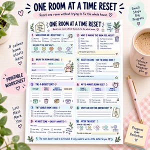 May include: A printable worksheet titled One Room at a Time Reset with ten numbered sections for home organization. The document features checkboxes, mood icons, and prompts for cleaning tasks, all printed on white paper with colorful accents.