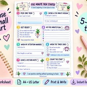 Five Minute Task Starter Printable, ADHD Small Steps Planner, Short Focus Session Worksheet, A4 and US Letter PDF