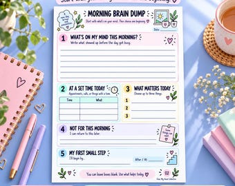 ADHD Morning Brain Dump Printable, Daily Priority Worksheet, Pastel Morning Planner, A4 & US Letter PDF