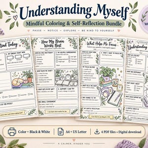 Può includere: Un pacchetto digitale di 8 fogli di lavoro Understanding Myself per colorare e riflettere su se stessi. Le pagine includono domande, caselle di controllo e illustrazioni di piante, gatti e cancelleria, con testo come My Mind Today e How My Brain Works Best.