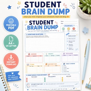 May include: A white paper student brain dump planner sheet with blue, orange, and green text and icons. The layout includes sections for homework, projects, tests, reading, and daily priorities. It features helpful prompts and mood trackers.