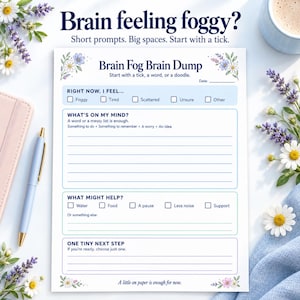 Può includere: Un foglio di pianificazione in carta bianca intitolato Brain Fog Brain Dump con sezioni per sentimenti, pensieri, potenziale aiuto e un passo successivo. La pagina presenta illustrazioni floreali negli angoli e include prompt come Right Now I Feel.