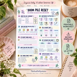 May include: A white paper worksheet titled Doom Pile Reset with nine numbered sections for organizing clutter. The layout includes checkboxes, mood icons, and prompts for sorting items, setting timers, and tracking progress in a light pastel color palette.