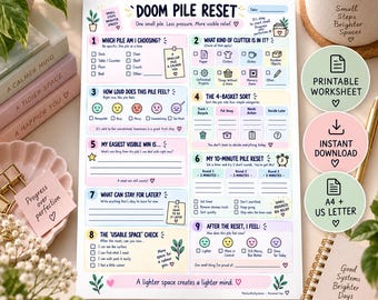Doom Pile Reset Printable, ADHD Declutter Worksheet, Visual Clutter & Executive Function Tool, Gentle Home Reset, A4 US Letter
