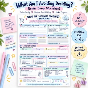 Op de afbeelding: Een wit papieren werkblad getiteld What Am I Avoiding Deciding? Brain Dump Worksheet met blauwe, roze en gele secties. Het bevat negen genummerde prompts voor besluitvorming, selectievakjes en lijnen om op te schrijven, omringd door iconen.