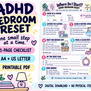 May include: A printable ADHD bedroom reset checklist featuring seven steps with checkboxes, illustrations of household items, and text including Where Do I Start, ADHD Bedroom Reset, One small step at a time, 1-Page Checklist, A4 + US Letter, and Printable PDF.