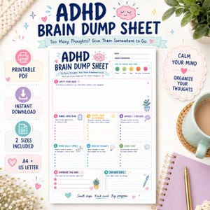 Puede incluir: Una hoja de descarga mental para TDAH en color blanco con texto azul y rosa, que incluye secciones para tareas, preocupaciones y recordatorios. El documento presenta un rastreador de estado de ánimo, categorías numeradas e ilustraciones.