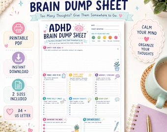 ADHD Brain Dump Printable, Thought Organizer & Mental Clutter Reset, A4 + US Letter PDF