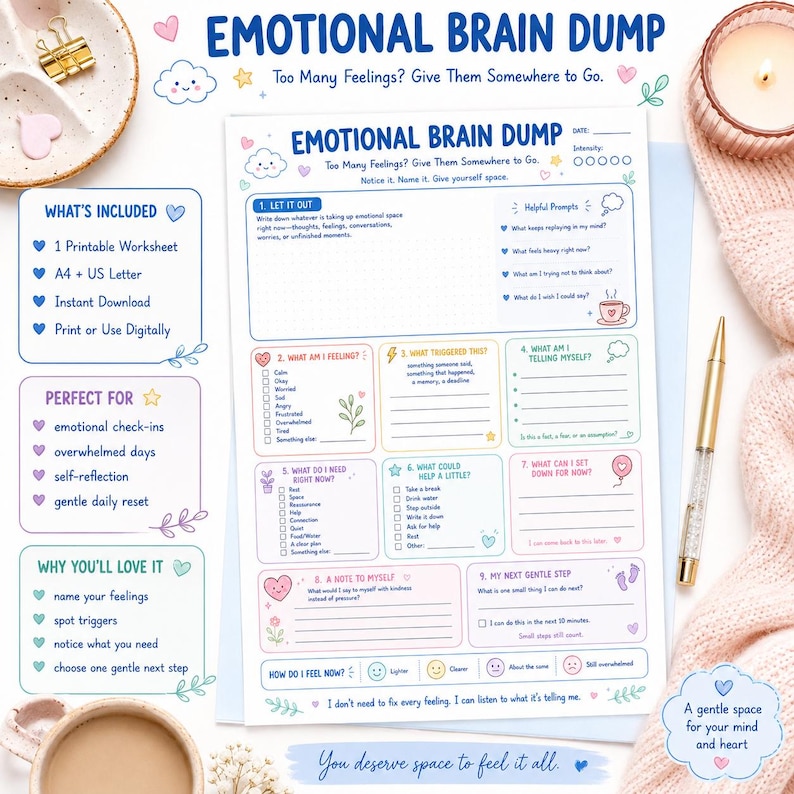 May include: A printable Emotional Brain Dump worksheet featuring nine sections for self-reflection, including prompts for feelings, triggers, and needs. The document includes pastel-coloured borders, icons, and text, designed for A4 or US Letter paper sizes.