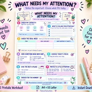 May include: A printable worksheet titled What Needs My Attention? featuring eight numbered sections for task management. The document includes fields for energy levels, deadlines, and daily focus, decorated with pastel hearts and plant illustrations.