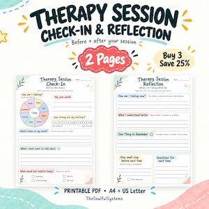 May include: A two-page printable therapy session check-in and reflection worksheet set. The pages feature sections for feelings, thoughts, and goals with prompts like Therapy Session Check-In, How am I feeling, and Therapy Session Reflection.