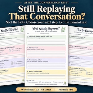 May include: Three printable worksheets titled After the Conversation Reset, Still Replaying That Conversation, Do I Need to Follow Up, What Actually Happened, and Close the Conversation. The pages feature pastel-colored sections with prompts.
