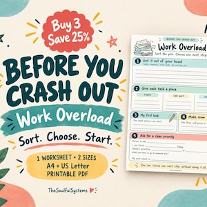 以下が含まれることがあります： Before You Crash Out Work Overloadというタイトルの印刷可能なワークシート。タスク管理用の5つの番号付きセクションがあります。このドキュメントには、タスクの整理、優先順位付け、次のステップの計画のためのフィールドが含まれており、A4およびUSレターサイズで利用可能です。