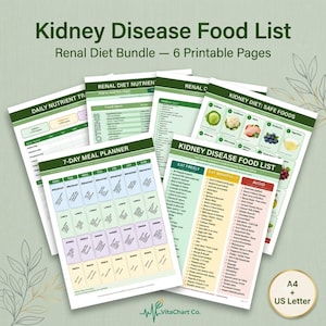 Op de afbeelding: Een set van zes printbare pagina's getiteld Kidney Disease Food List en Renal Diet Bundle. De documenten bevatten een maaltijdplanner voor 7 dagen, voedingswaardetrackers en lijsten met voedingsmiddelen onderverdeeld in verschillende categorieën.
