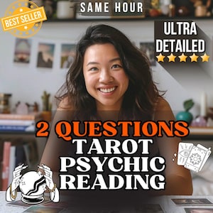 May include: A smiling person is centered in the image, with text overlayed that reads "2 Questions Tarot Psychic Reading." The image includes a "Best Seller" badge and a "Ultra Detailed" rating. Tarot cards and a crystal ball are also visible.