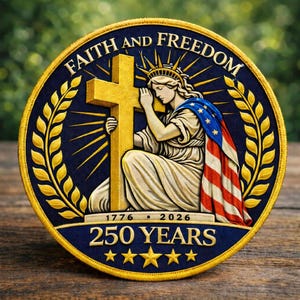 Puede incluir: Parche redondo con el texto "FAITH AND FREEDOM" y "250 YEARS". Presenta a una mujer con corona, envuelta en una bandera, abrazando una cruz dorada. El parche tiene un fondo azul con detalles dorados y estrellas.