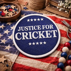 Könnte beinhalten: Ein runder blauer Aufnäher mit dem weißen Schriftzug "JUSTICE FOR CRICKET", umgeben von weißen Sternen. Der Aufnäher liegt auf einer US-Flagge. Holzsterne und Perlen in Rot, Weiß und Blau sind verstreut.