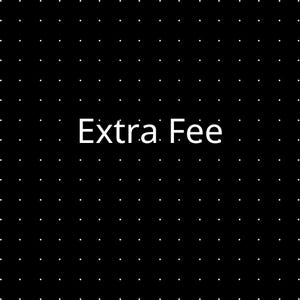 Puede incluir: Un fondo negro con un patrón de puntos blancos. Las palabras "Extra Fee" se muestran en blanco, centradas en la imagen.