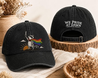 Rainbow Raccoon Embroidered Hat, Pride Dad Cap, LGBTQ Embroidery Baseball Cap, Vintage Washed Cotton Adjustable Hat