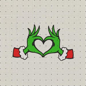May include: Green hands forming a heart shape, with red cuffs and white trim, on a dotted background. The hands are stylized, with long, pointed fingers. The design is reminiscent of a popular Christmas character.