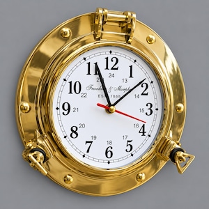 Reloj de pared de latón con ojo de buey / Reloj náutico de 23 cm con tapa abatible / Decoración marítima / Reloj de barco de reproducción