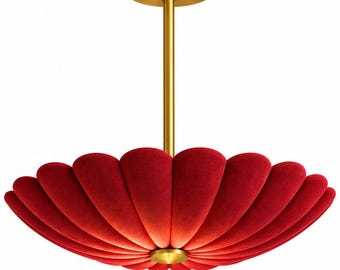 Red Chandelier, Gold Brass Pendant Light, Luxury Floral Ceiling Lamp, Modern Statement Lighting, Art Deco Dining Room Decor