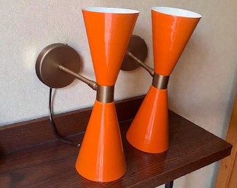 Mid Century Diabolo Wall Sconce | Orange & Brown Finish | Brass Wall Light |  Modern Lighting