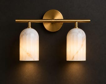 2 Arm Alabaster Cone Wall Sconce, Solid Brass Wall Light, Luxury Modern Wall Lamp, Bedroom Bathroom Vanity