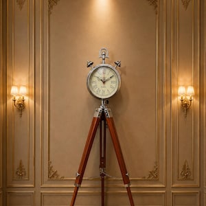 May include: A silver-toned clock with Roman numerals sits atop a wooden tripod stand. The clock's face is cream-colored, and the stand has a rich, dark brown finish. The background features a wall with decorative molding and sconces.