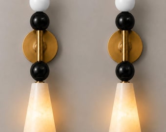 Alabaster Wall Sconce, Solid Brass Wall Light, Antique Brass Wall Lamp, Luxury Modern Wall Lighting, Handmade Bathroom Sconce