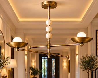 Handcrafted Brass Linear Chandelier, 2-Light Fluted Scalloped Flower Shade Pendant Light,  Island Light for Kitchen, Dining Room & Bar