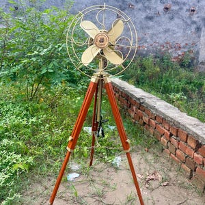 Handcrafted Vintage-Style Tripod Fan- Retro Industrial Floor Standing Fan with Brass Finish.