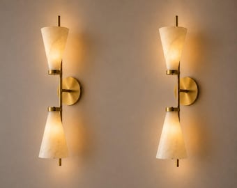 Mid Century Modern Alabaster Marble Brass Wall Sconce, Luxury Bedroom Hallway Lighting