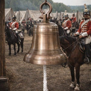 Può includere: Una grande campana in bronzo lucido pende da una catena di metallo fissata a una trave di legno. La campana presenta un corpo liscio e svasato con creste orizzontali e una spessa corda bianca pende dal battacchio centrale.