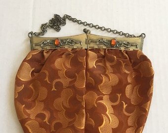 antique jeweled metal frame handbag with orange brocade and chain handle