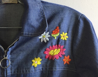 vintage 1970's embroidered denim shirt from Acapulco, Mexico, by Boca Chica