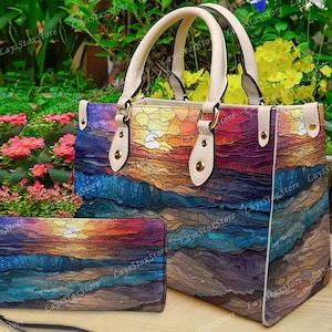 Gentle Ocean Waves Sunrise Leather Handbag & Wallet, Shoulder Bag, Custom Bag, Retro Handbag, Tote Handbag,  Mother's Day Gift