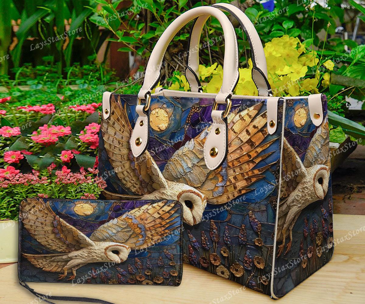 Owl Leather Handbag & Wallet, Owl Shoulder Bag, Custom Bag, Retro Handbag, Owl Handbag,  Mother&