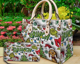 Personalisierte Grinch Weihnachten Leder Handtasche, Grinch Frauen Taschen, Grinch Liebhaber Handtasche, Frau Handtasche, Benutzerdefinierte Ledertasche, Weihnachtsgeschenke